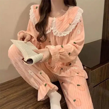 Ruffles Pajamas for Women Autumn Winter Peter Pan Collar Ruffle Sleeve Pajama Top and Elastice Waist Pants 2 Pcs Pajama Sets