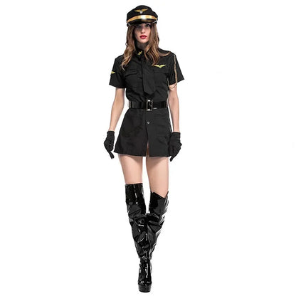 Black White Sexy Women Pilot Costumes Fancy Uniform Stewardess Cosplay Suit Carnival Masquerade Nightclub Role Play Dress