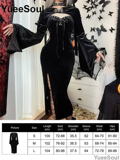 Halloween Gothic Grunge Punk Women Dress Long Sleeve Lace Slim Black Dresses 2025 New Y2K Harajuku Lolita Fairy Core Party Dress
