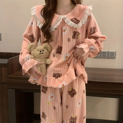 Ruffles Pajamas for Women Autumn Winter Peter Pan Collar Ruffle Sleeve Pajama Top and Elastice Waist Pants 2 Pcs Pajama Sets