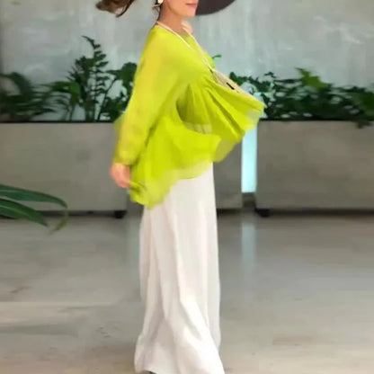 Simple Fashion Solid 2 Pieces Set Woman Elegant Crew Neck Ruffle Blouse Shirts & Wide Leg Pants Suits Long Sleeve Autumn Outfits