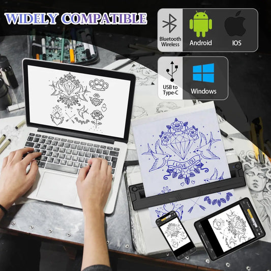Portable Bluetooth Thermal Tattoo Printer Inkless M8 Beginners&Pros Wireless Tattoo Stencil Printer Suitable for Phone/Tablet/PC