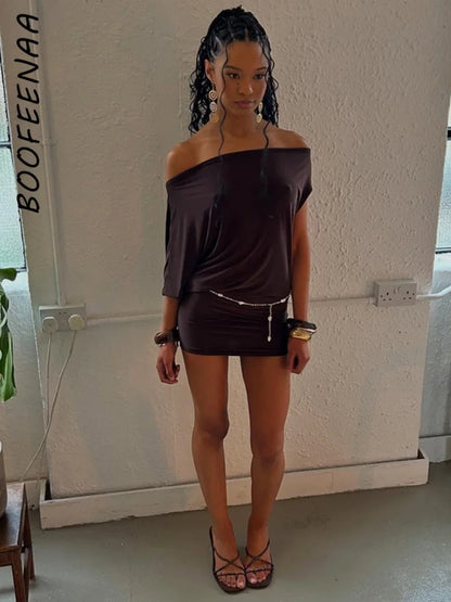 BOOFEENAA Asymmetrical Off Shoulder Mini Dresses 2025 Woman Clothes Fashion Sexy Summer Dress C77-BB20