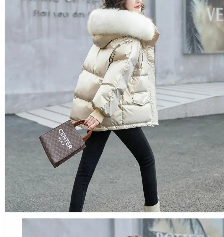 2025 Winter Fashion New Warm Duck Down Jacket Women's Clothes Glossy Fur collar Thicken Parka Short Down Coat Female Trend