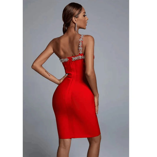 New Sexy Women Mini Bandage Dress One Shoulder Collar Rhinestone Decorated Shoulder Strap Bodycon Dresses Party Vestido