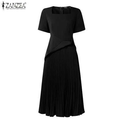 ZANZEA Elegant Office Work Dresses 2025 Women Summer Dress Square Neck Party Sundress Fashion Short Sleeve Pleated Vestidos Robe