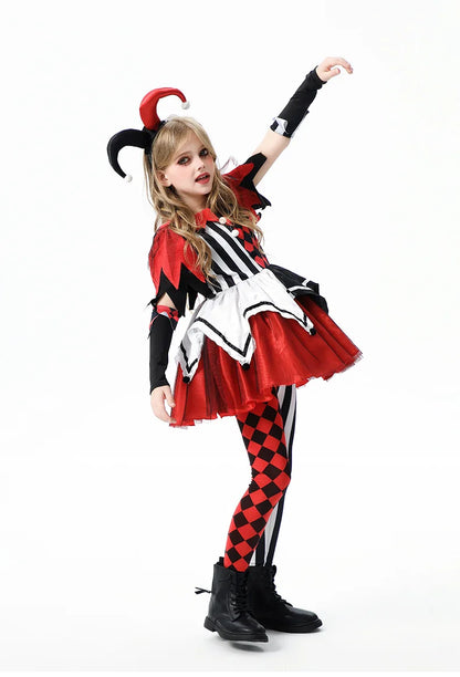 Naughty Girls Clown Costume Kids Circus Scary Tutu Dress Halloween Cosplay Costumes Carnival Party Jester Dress Up Full Set