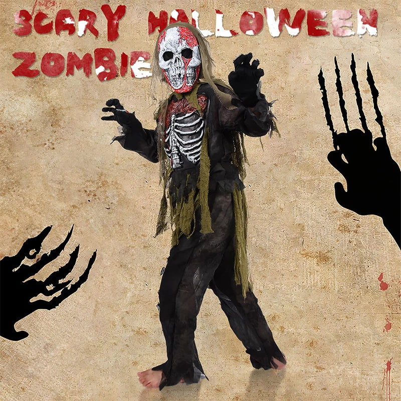 2025 New Arrival Scary Boy Burning Creepy Dead Halloween Fancy Dress Up Kids Skeleton Zombie Costume