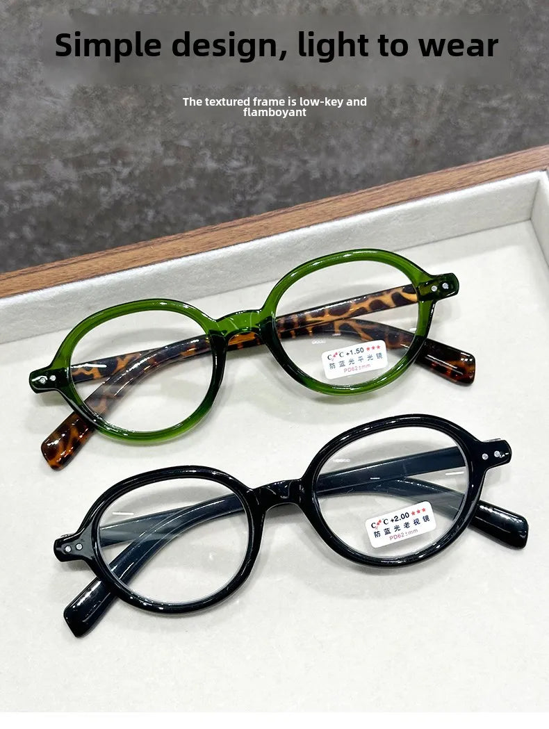 Retro Small Frame Presbyopia Glasses Oval Frame Green Tortoiseshell Reading Glasses Blue Light Blocking Eye Protection Eyewear