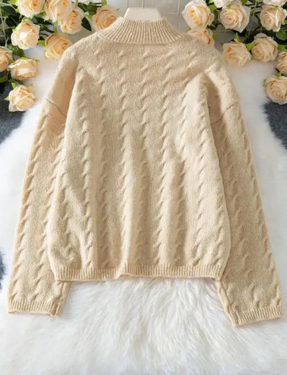 Women's Sweater Spring Autumn High Neck Casual Versatile Loose Solid Color Warm Long Sleeved Pullover Knitted Sweater
