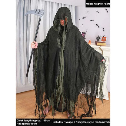 Halloween Hooded Cloak Medieval Renaissance Gothic Wizard Cape Grim Reaper Cosplay Costume for Adult Scythe Weapon Prop