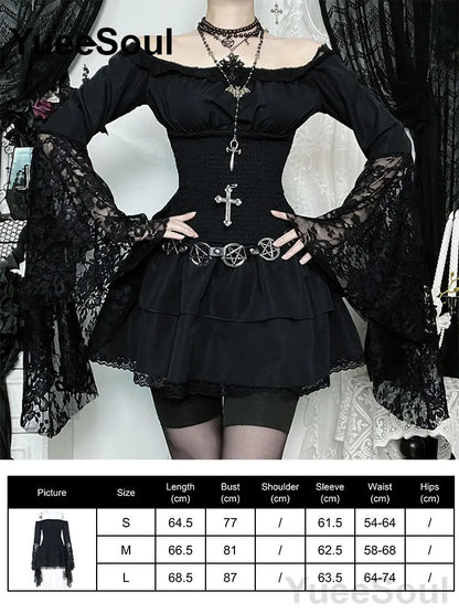 Halloween Gothic Grunge Punk Women Dress Long Sleeve Lace Slim Black Dresses 2025 New Y2K Harajuku Lolita Fairy Core Party Dress