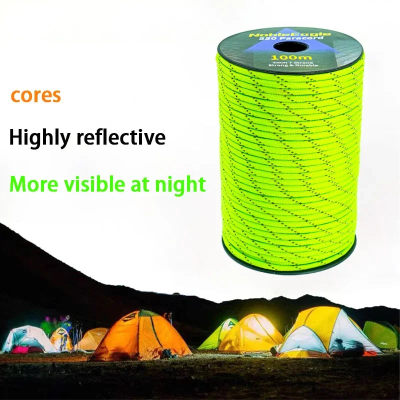 Reflective Paracord Rope, Military, 7 Strand, 4mm, 550 Tactical Parachute Cord, Camping Tent, Lanyard, DIY Bracelet Weaving Rope