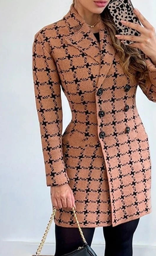 Female Jacket Autumn Fashion Double Breasted Plaid Print Elegant Long Sleeved Notched Collar Casual Daily Blazer Coat