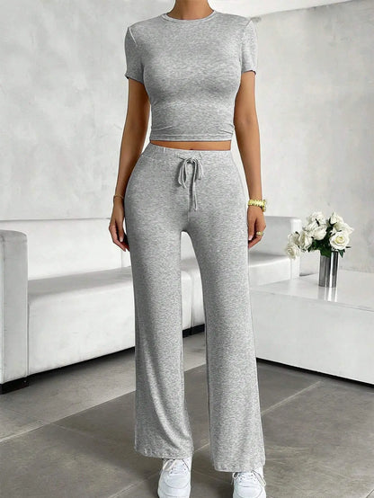 Summer Comfortable Casual Women's Home Sports Set 2025 New Fashionable Solid Color Slim Body Clothes + Trousers Two-piece Set