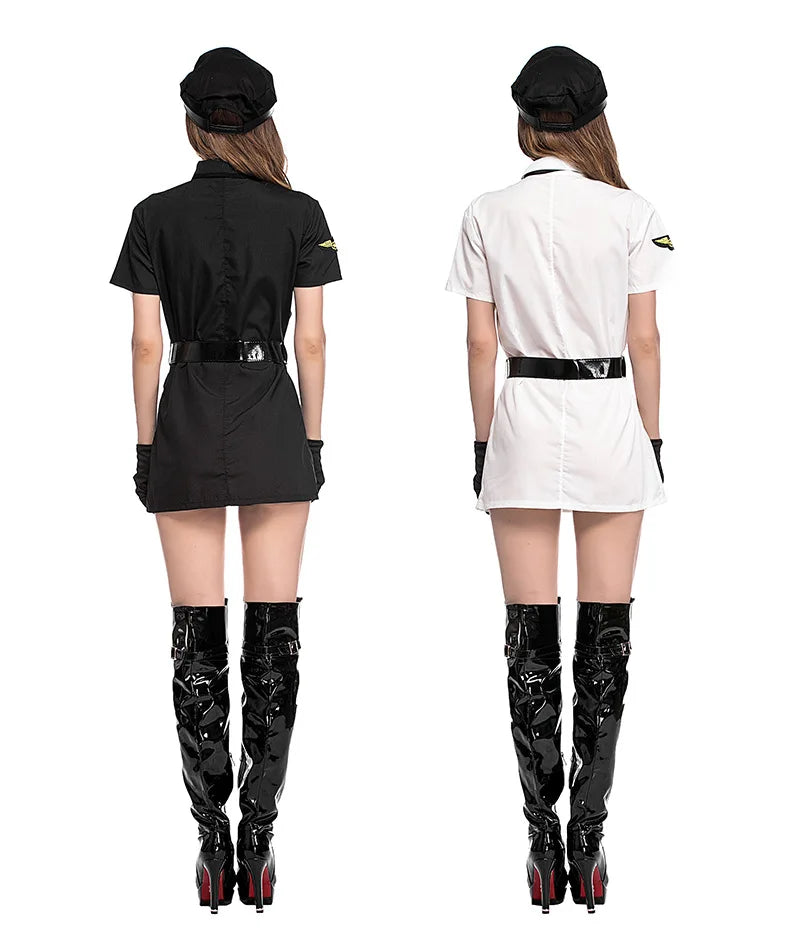 Black White Sexy Women Pilot Costumes Fancy Uniform Stewardess Cosplay Suit Carnival Masquerade Nightclub Role Play Dress