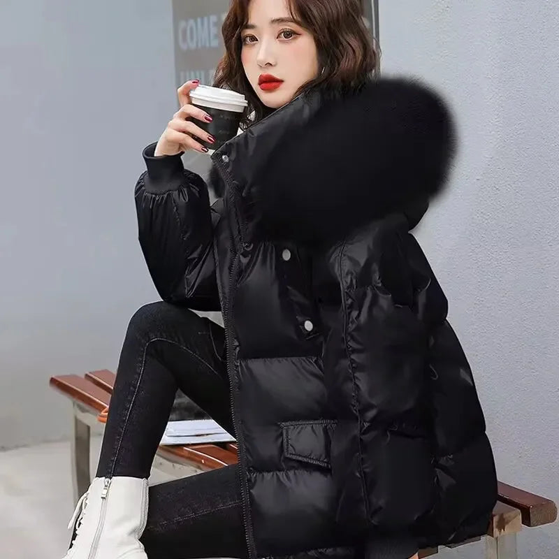 2025 Winter Fashion New Warm Duck Down Jacket Women's Clothes Glossy Fur collar Thicken Parka Short Down Coat Female Trend