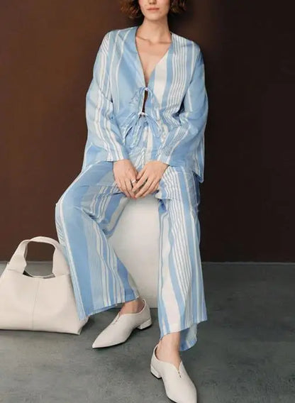 Two Piece Set Women Outfit Spring Autumn New Temperament Striped Long Sleeved Lace Up Shirt & Casual Straight Leg Pants Set
