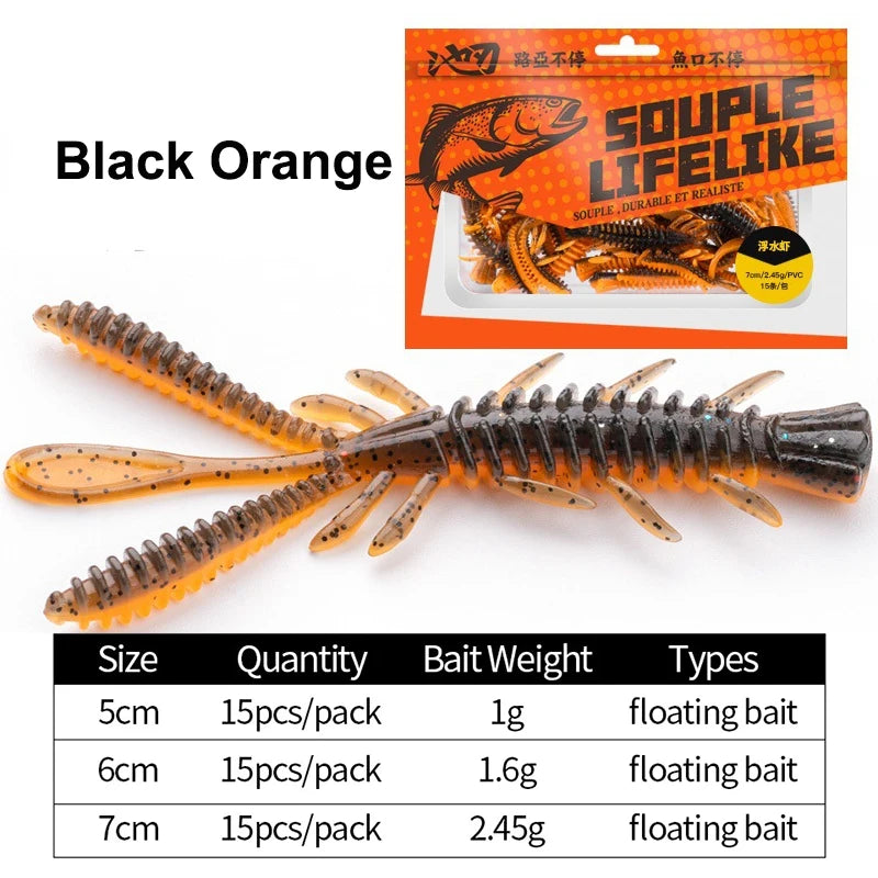 15PCS Floating Soft Shrimp Fishing Bait 5/6/7CM NED Rig Wobbler Shrimp Swim Lure Jig Salt Silicone Swimbait with Fish Attractant