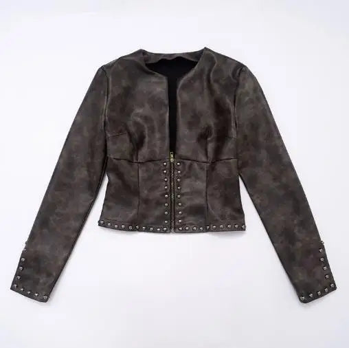 Women's Jacket Spring Autumn New Vintage Leather Half Open Collar Zipper Rivet Long Sleeve Streetwear Casual Crop Jacket