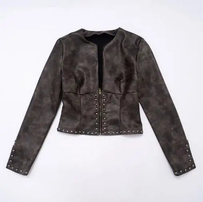 Women's Jacket Spring Autumn New Vintage Leather Half Open Collar Zipper Rivet Long Sleeve Streetwear Casual Crop Jacket