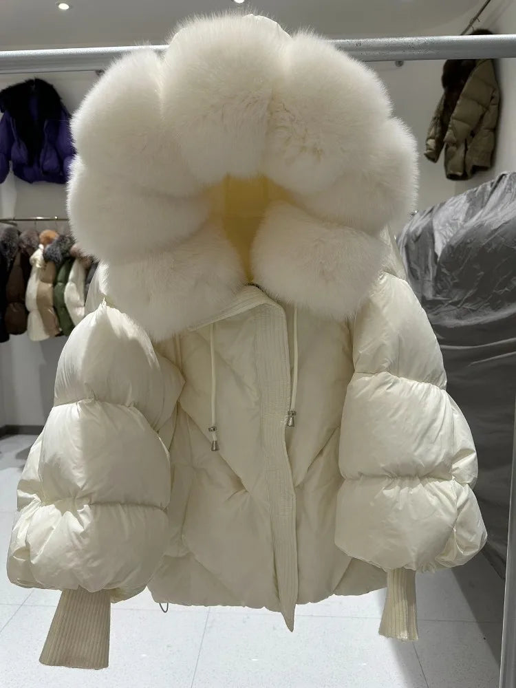 OFTBUY 2025 New Winter Large Real Fur Hooded Puffer Jacket Women Thicken Warm Knitted Sleeve Coat White Duck Down Mid Long Parka