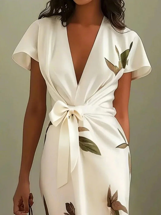 Yeezzi Women's Elegant V-Neck Leaf Printed Party Evening Midi Dresses 2025 New Short Sleeves Split-Joint Tied Waist Prom Gowns