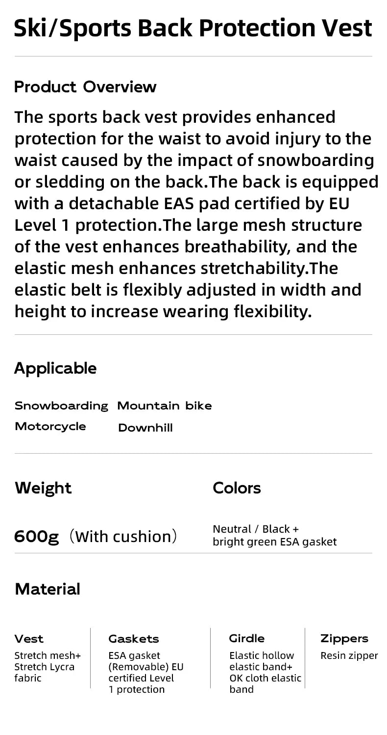 Qunature Winter Ski Vest CE1 Level Anti-Collision Waist Protector Sports Vests Protection Adults Vest Anti-Fall Vest Jackets