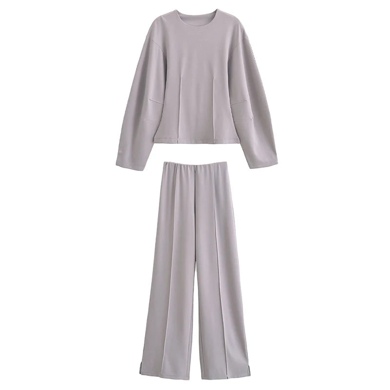 TRAFZA Women New Fashion Slimming 2-Piece Set Double-Sided Fabric O-Neck Long-Sleeve Top+Elegant Stretch Long Pants Female Suit