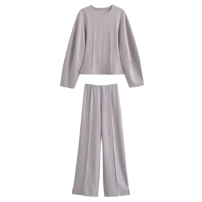 TRAFZA Women New Fashion Slimming 2-Piece Set Double-Sided Fabric O-Neck Long-Sleeve Top+Elegant Stretch Long Pants Female Suit