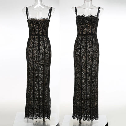 Black Lace Patwork Sleeveless Maxi Dress for Women 2025 Summer Sexy Bodycon Party Dresses Fashion Summer Celebrity Club Wear