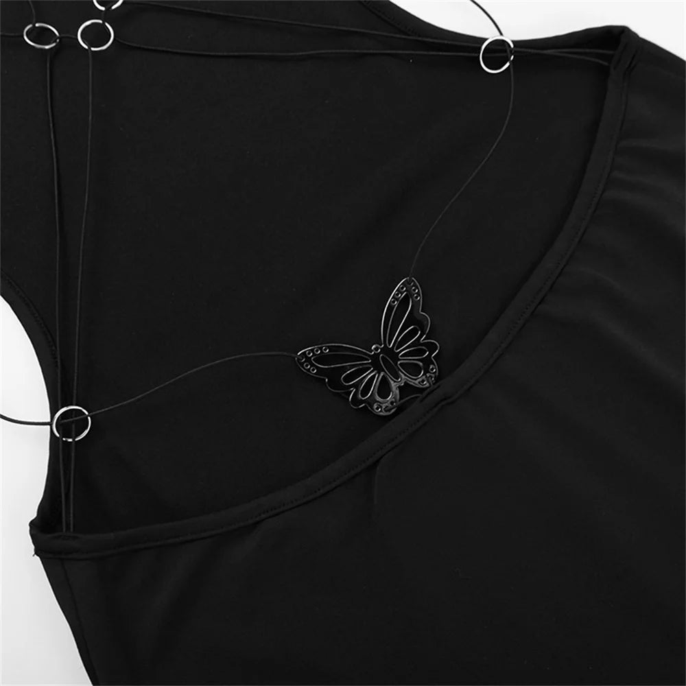 Nibber Cross Bandage Dress Women Y2K Butterfly Metal Hollow Backless Sleeveless Fitness Midnight Club Summer Vacation Bodyco