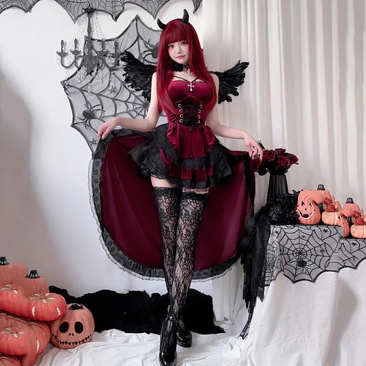 Sexy Lingerie Cosplay Dark Gothic Halloween Costume Ladies Dress Dovetail Witch Vampire Bride Performance Costume Red Suit