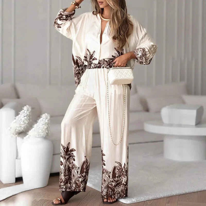New Autumn Long Sleeve Lapel Shirt Cardigans & Wide Leg Pant Sets Woman 2 Piece Casual Print Single Breasted Suit Leisure Outfit