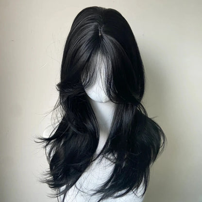 Black Wig Female Headband Body Wavy Rose Hair Net Models in French Bangs High Level Simulation Hair Wig 가발