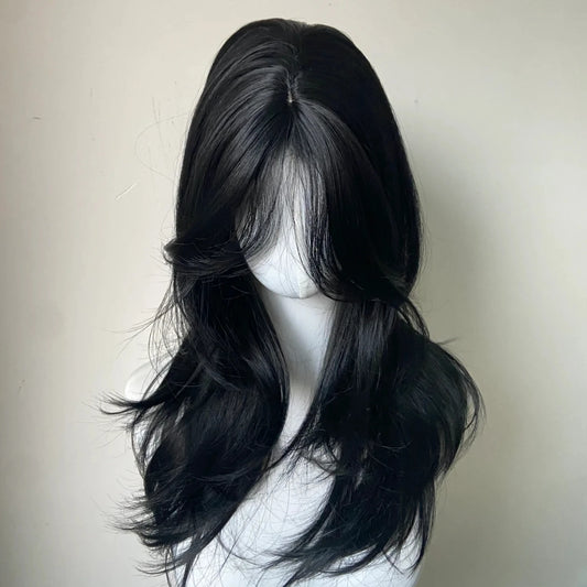 Black Wig Female Headband Body Wavy Rose Hair Net Models in French Bangs High Level Simulation Hair Wig 가발