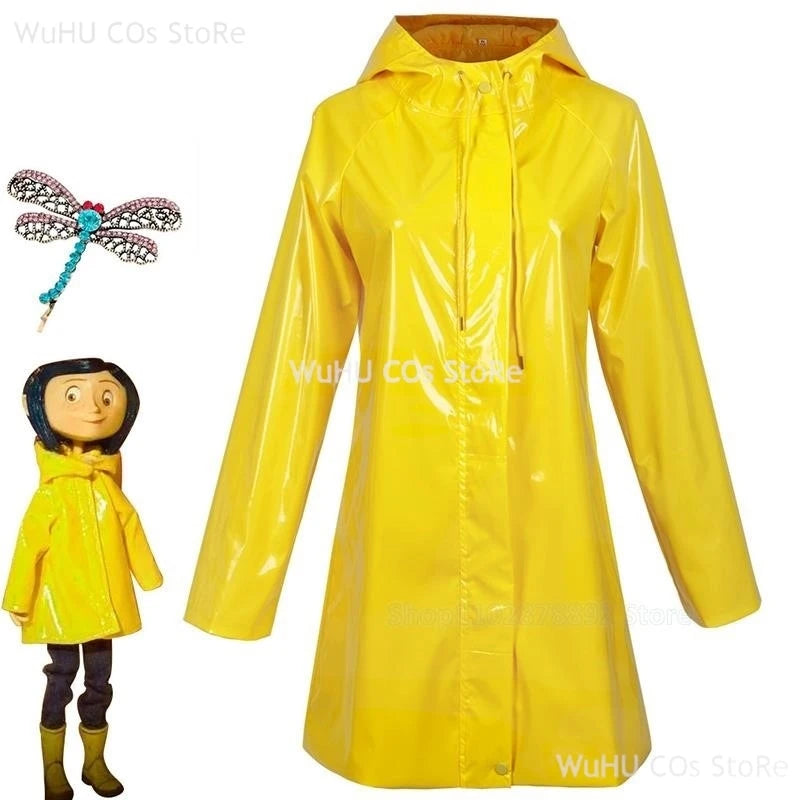 Horror Fairytale Movies Coraline Cosplay Costume Wig Size Halloween Party Scary Yellow Coat Secret Door Adult Kid Roleplay Suit