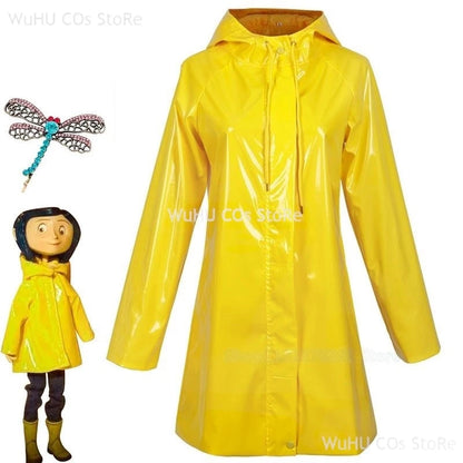 Horror Fairytale Movies Coraline Cosplay Costume Wig Size Halloween Party Scary Yellow Coat Secret Door Adult Kid Roleplay Suit