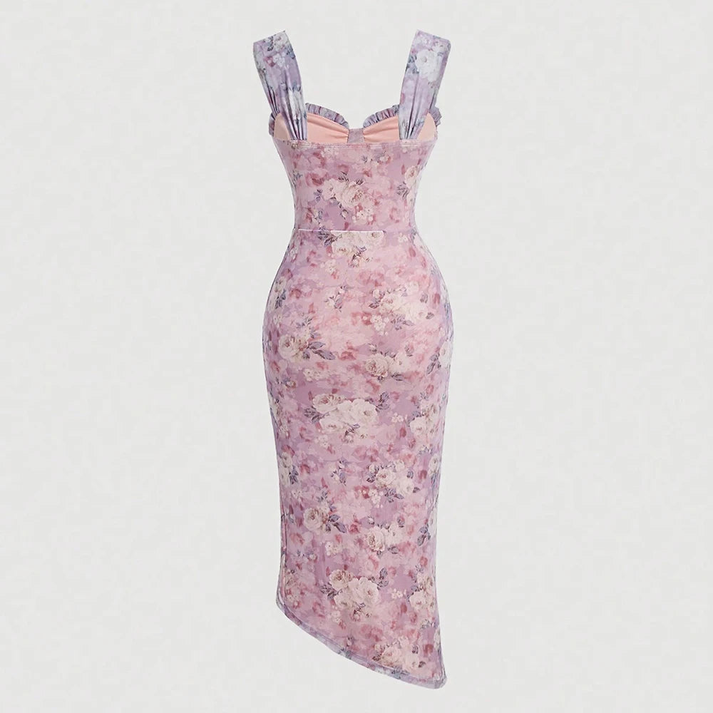 Mia Muse Dresses Summer Elegant Ditsy Floral Shirring Sleeveless Sweetheart Neck Midi Party Lettuce Trim Dresses For Women