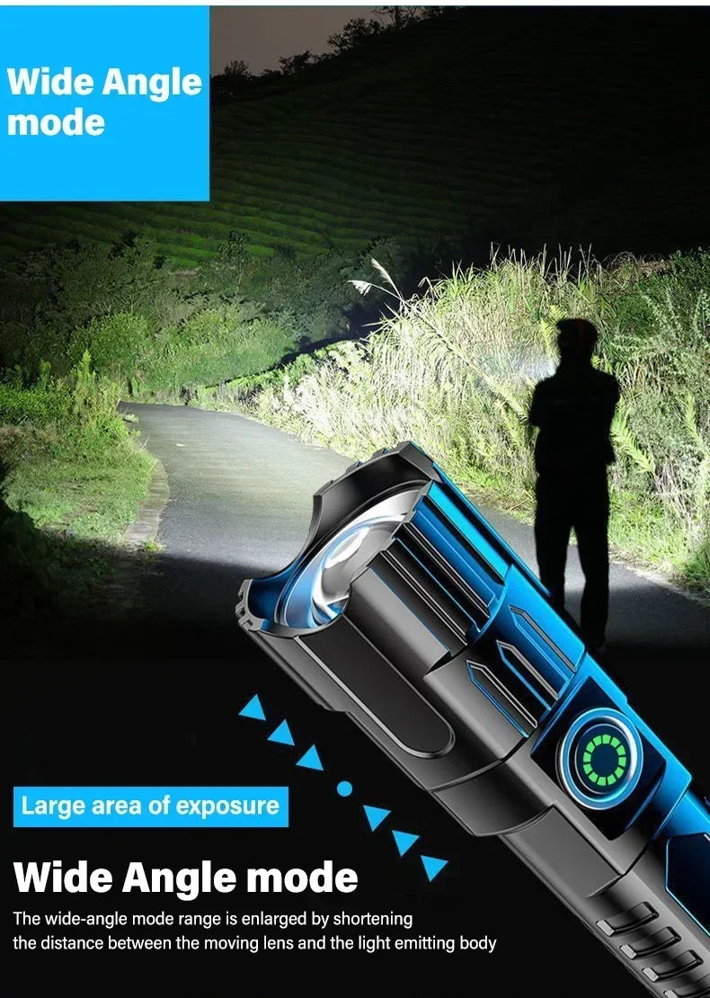 High Strong Power Led Flashlights 2000LM Tactical USB Charging Camping Emergency Fishing Zoom Lantern Torch with Display Light