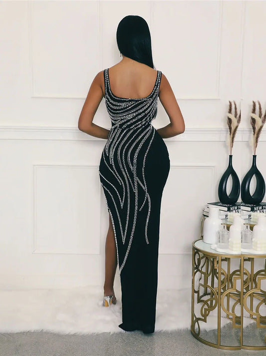 HBLL Women Dresses for Special Occasions Sexy Rhinestone Cocktail Floor Length Long Maxi Dress Evening Party Birthday Dresses