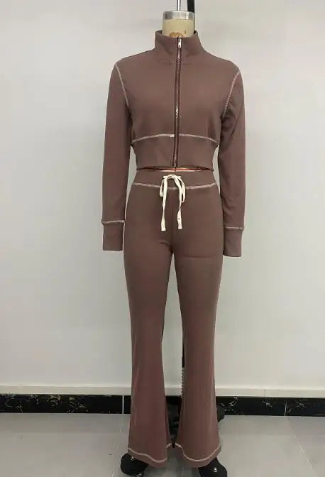 Two Piece Set Women Outfit Spring Autumn New Solid Color Stand Collar Long Sleeved Crop Zipper Jacket & Casual Pants Set