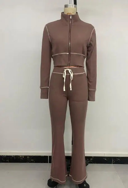 Two Piece Set Women Outfit Spring Autumn New Solid Color Stand Collar Long Sleeved Crop Zipper Jacket & Casual Pants Set