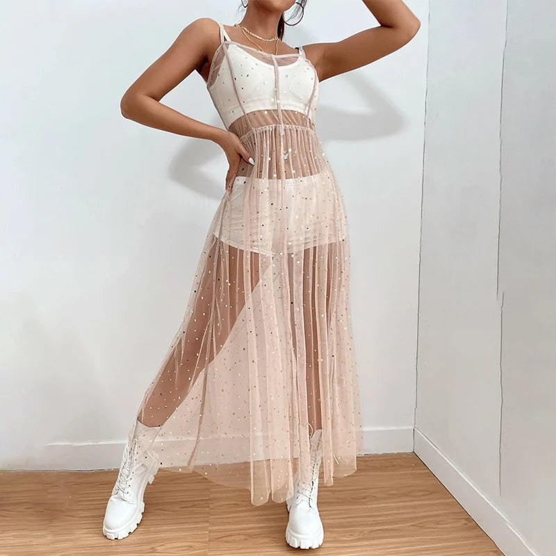 Women's Mesh Transparent Summer Dress Sleeveless Beach Dresses Bikini Cover Up Lightweight Beach Poncho Holiday  Beachwear