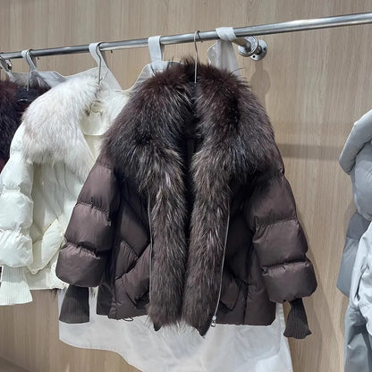 OFTBUY 2025 New Winter Large Real Raccoon Fur Puffer Coat Women Oversized Feather Down Parka Knit Sleeve White Duck Down Jacket