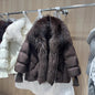 OFTBUY 2025 New Winter Large Real Raccoon Fur Puffer Coat Women Oversized Feather Down Parka Knit Sleeve White Duck Down Jacket