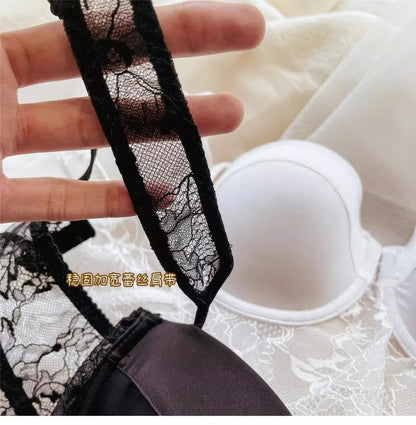 Sexy Lingerie Women Lace Transparent Underwear Embroidery Brief Set Delicate Bra Push Up Lace Gathered Edge Bra and Panty Set
