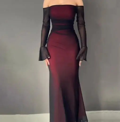 Womens Dresses Spring Autumn New Fashionable Solid Color Long Sleeved Off Shoulder Hip Hugging Temperament Slim Fit Dress