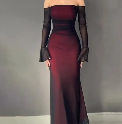 Womens Dresses Spring Autumn New Fashionable Solid Color Long Sleeved Off Shoulder Hip Hugging Temperament Slim Fit Dress