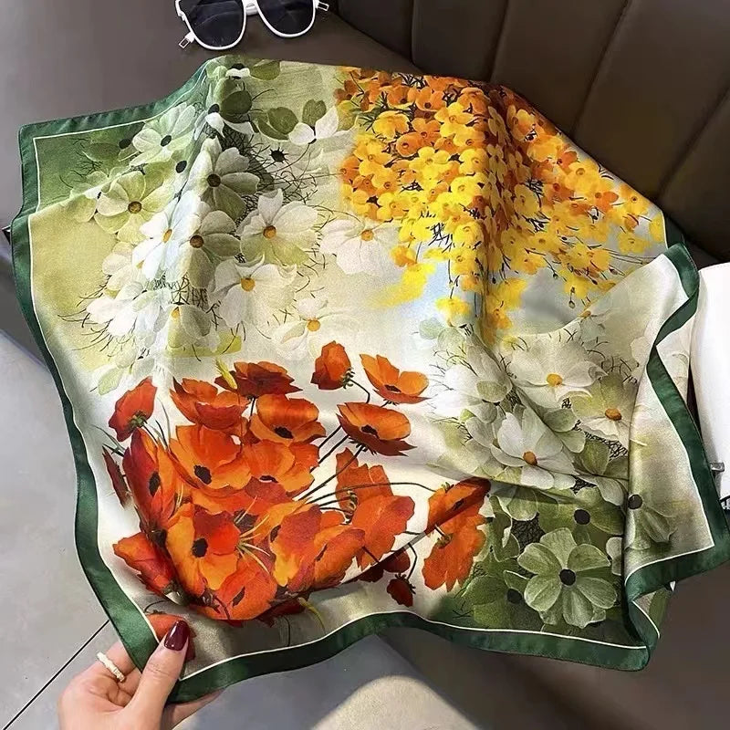 Square imitation silk scarf scarf for women multi-functional multi-floral silk texture scarf